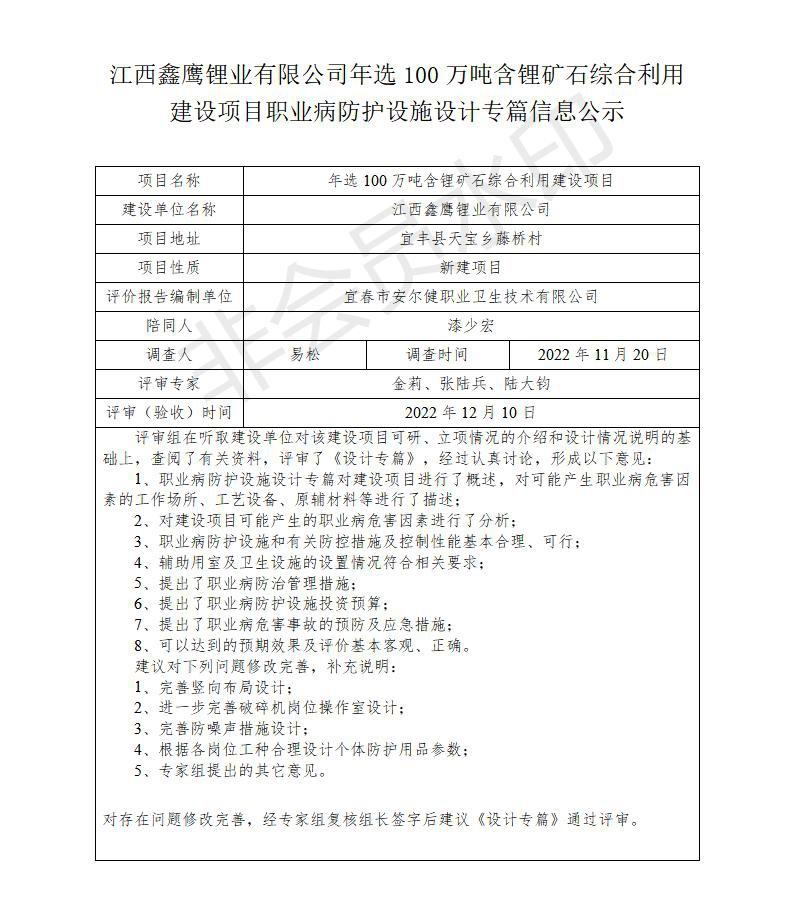 1671433536918029.jpg 江西鑫鷹鋰業(yè)有限公司年選100萬噸含鋰礦石綜合利用建設(shè)項目職業(yè)病防護(hù)設(shè)施設(shè)計專篇信息公示_01.jpg